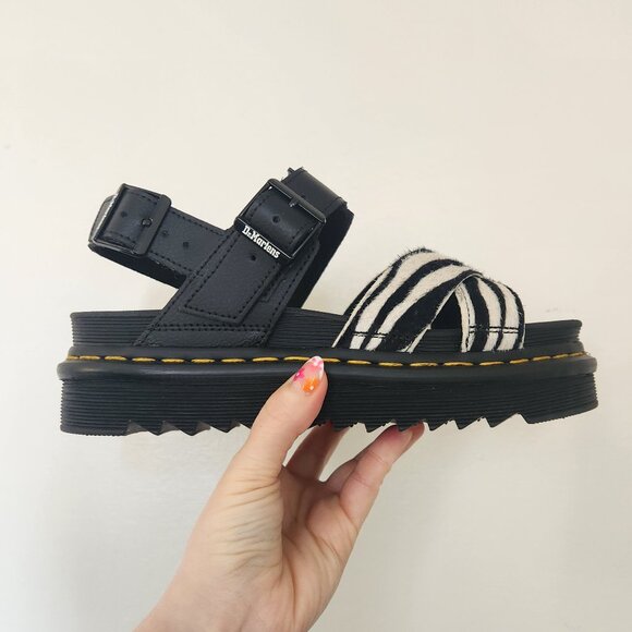 Dr. Martens Voss II Hydro Leather Sandals -  Zebra Hair On and Black Athena - Picture 4 of 13